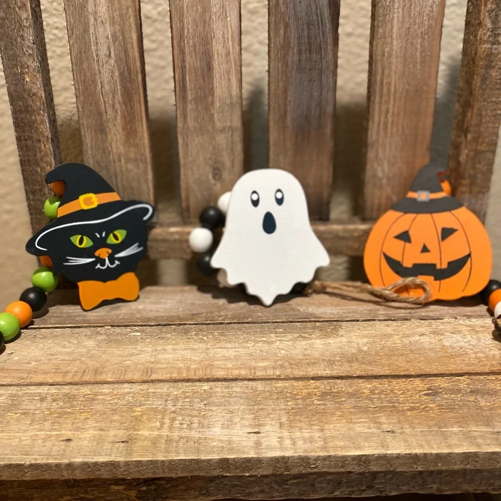Halloween Beaded Garland Set Of 3, Black Cat Garland, Ghost Beaded Garland Set